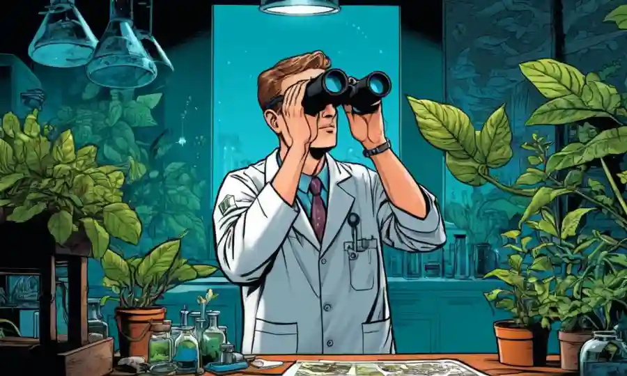 Científicos que estudian plantas o animales a través de binoculares o en un laboratorio.