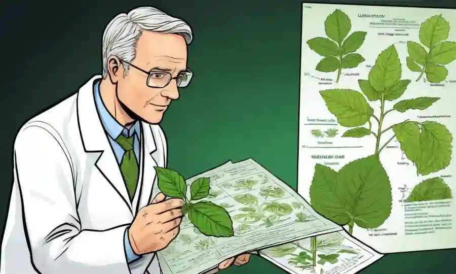 Científico estudiando una hoja de planta con diagramas y diagramas de taxonomía.