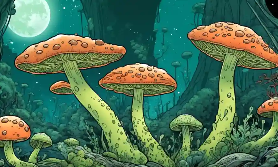 Ilustración de hongos y microalgas creciendo juntos en armonía.