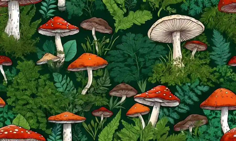 Las ilustraciones de especies de hongos con vegetación superpuesta, enfatizando la importancia ecológica.