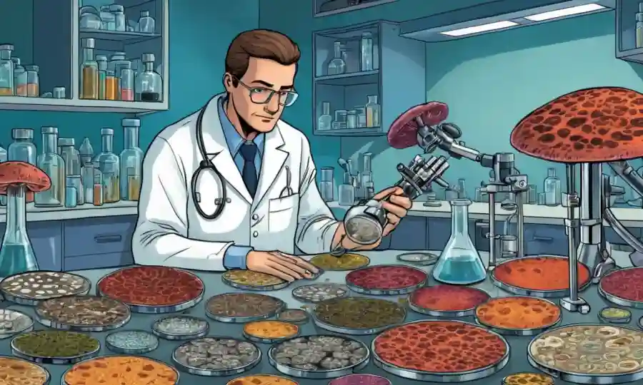 Científico examinando varias especies de hongos bajo microscopio o petri.