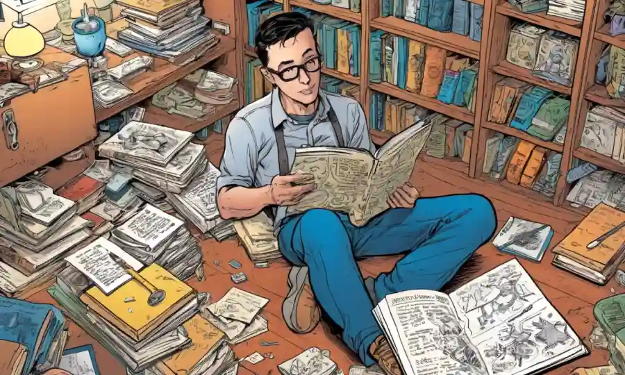 Una persona rodeada de libros y notas sobre organismos simbióticos.