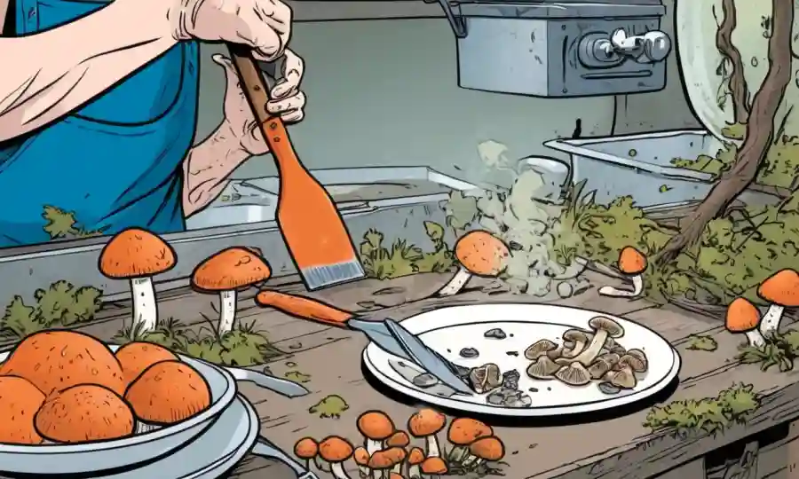 Persona de limpieza segura hongos para cocinar, con un plato y un cuchillo cerca.