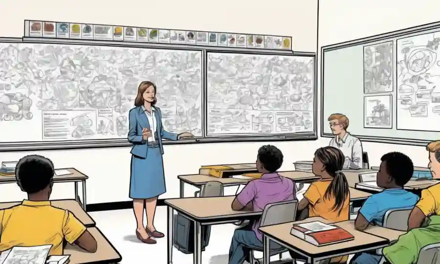 Un maestro se encuentra cerca de pizarra llena de conceptos de clasificación, mientras que los estudiantes trabajan en asignaciones estructuradas por taxonomía.