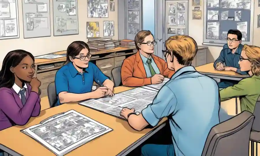 Profesor sentado en el escritorio, los estudiantes se dedicaron a la planificación de la lección con diagrama de taxonomía.