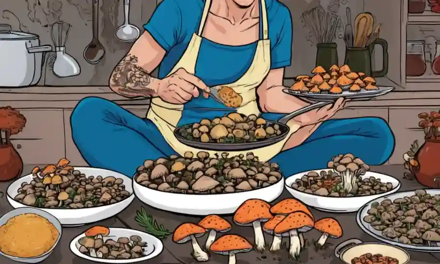 Persona conteniendo varias especies de hongos y utensilios de cocina, junto con un plato con setas preparadas.