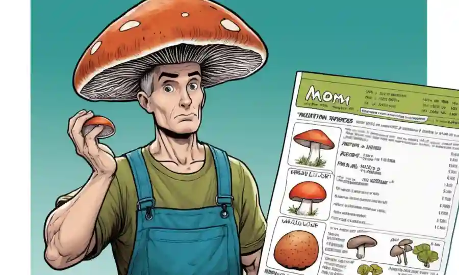 Una persona que sostiene un hongo con una expresión preocupada e información nutricional mostrada cerca.