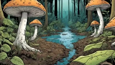 Cerca de hongos creciendo en medio de elementos ecológicos como suelo forestal y agua.