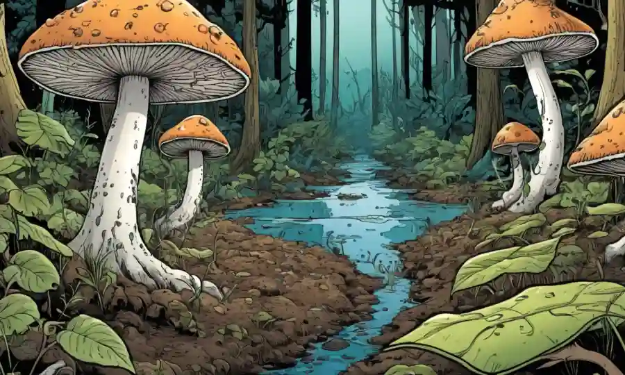 Cerca de hongos creciendo en medio de elementos ecológicos como suelo forestal y agua.