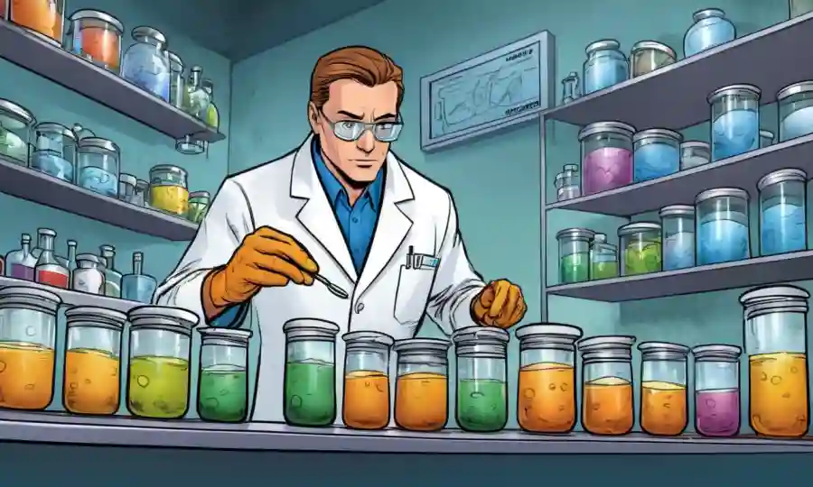 Microbiólogo que estudia platos petri en un laboratorio, destacando los niveles de acidez.