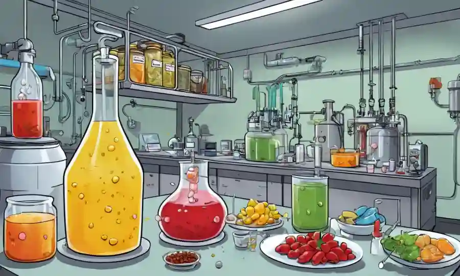 Equipo de laboratorio rodeado de muestras de alimentos que muestran niveles de oxígeno en proceso de fermentación.