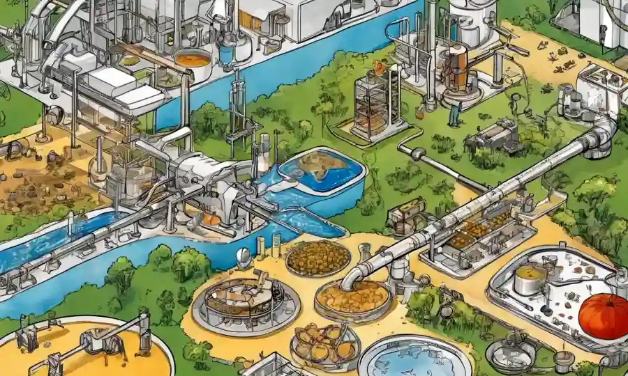 Complejos diagramas y gráficos científicos para un concepto de ciencia ambiental o procesamiento de alimentos.