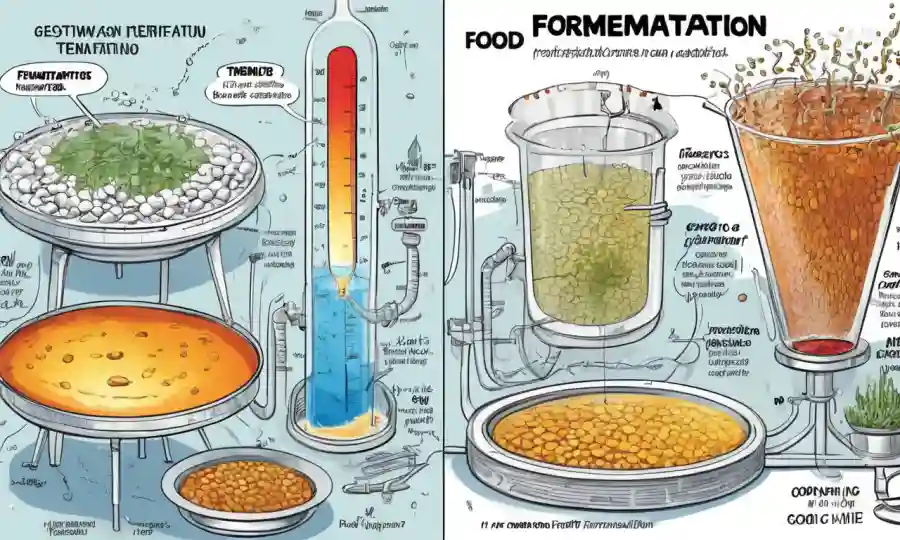 Diagrama científico que muestra la influencia de las temperaturas en los procesos de fermentación alimentaria.