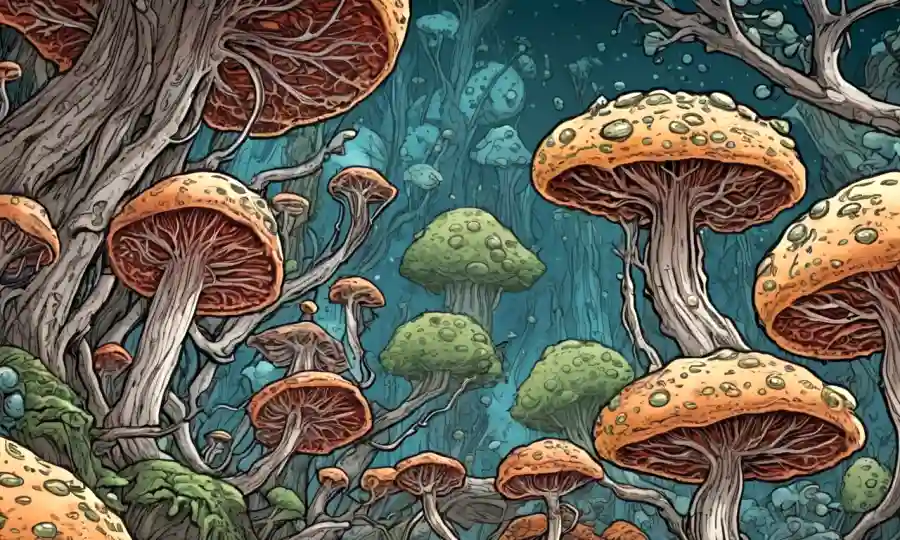 Imagen del microscopio mostrando dinámicas de crecimiento fúngica.