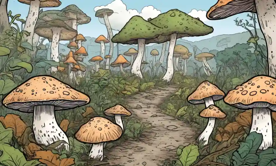 Un cierre de un micelio de hongos rodeado de condiciones ambientales óptimas, con flechas y diagramas que ilustran factores que influyen en el crecimiento.