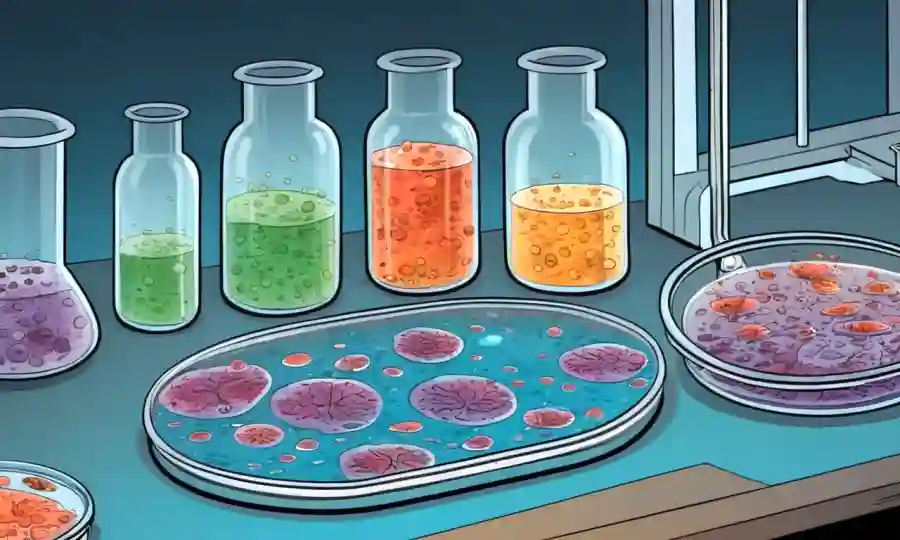 Configuración de experimento científico con plato petri, crecimiento fúngico y tubos de prueba ácido/básico.