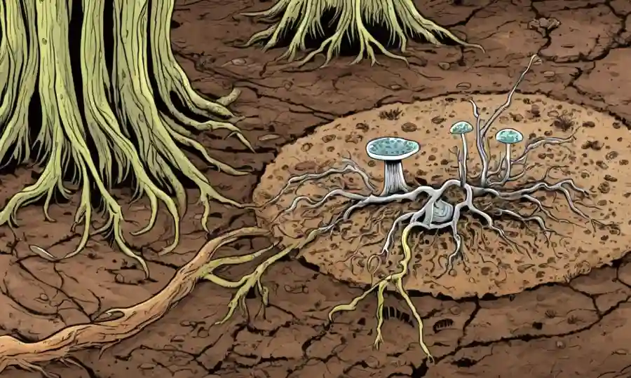 Una vista microscopio de hongos interactuando con las raíces vegetales en un fondo del suelo.
