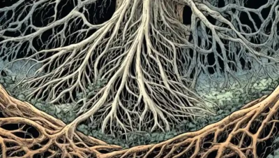 Vista microscópica de raíces de plantas enlazadas por hifas fúngicas.