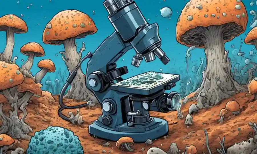 Un microscopio que muestra células fúngicas junto a contaminantes ambientales contaminados.