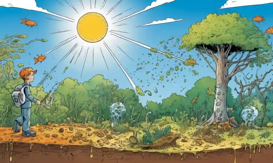 Representación visual de factores ecológicos como la luz solar y los microorganismos que influyen en la velocidad de descomposición en un gráfico o diagrama.