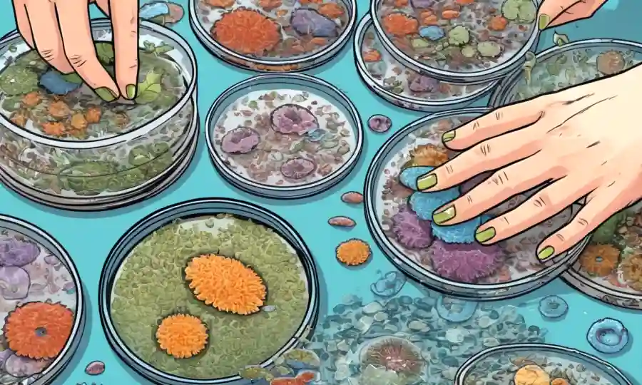 Manos que sostienen platos petri llenos de organismos descompuestos entre varios factores biológicos.