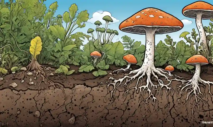 Una ilustración científica que muestra factores de composición del suelo que rodean patrones de crecimiento de hongos.