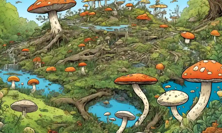 Ilustraciones interconectadas que representan relaciones ecológicas entre factores ambientales y distribución de hongos.