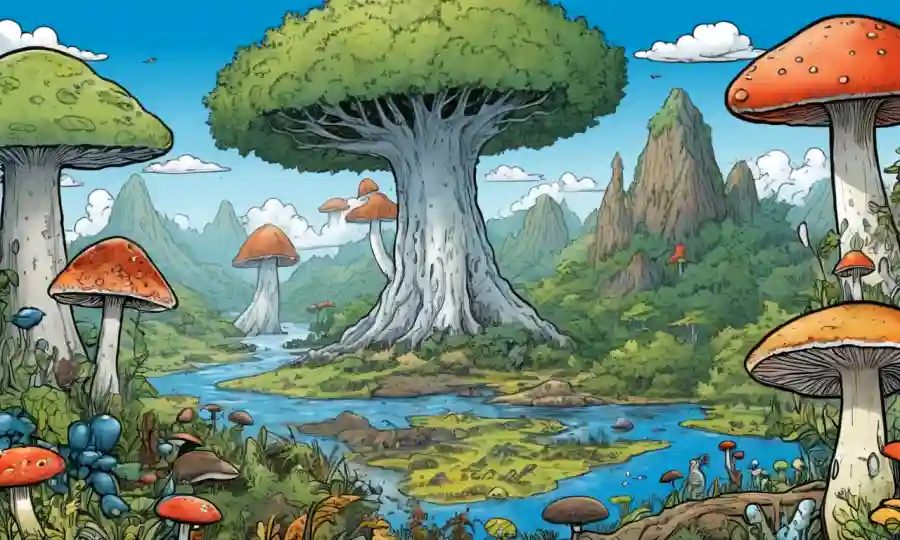 Representación del clima de las Tierras y diversos ecosistemas que apoyan diversas especies de hongos.