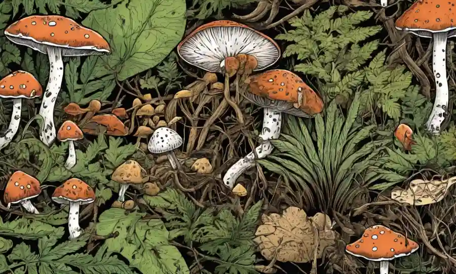 Ilustraciones microscópicas de hongos dispersos entre plantas-vida en los fondos del suelo forestal.