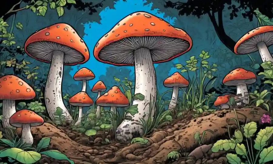 Setas, plantas y elementos del suelo que se reúnen en un ecosistema.