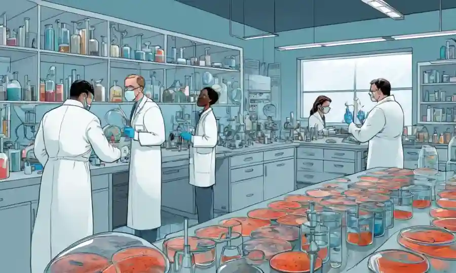Investigadores que estudian hongos en un entorno de laboratorio, rodeados de platos petri y equipos científicos.