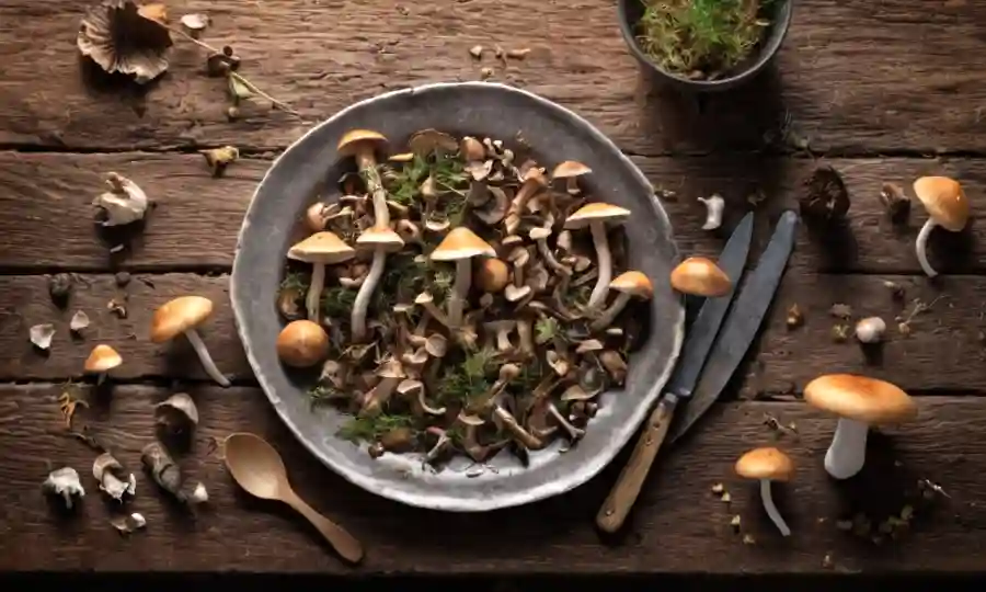 Disparos de varios hongos en una mesa de madera rústica, con aromas que se mueven de un plato cercano.
