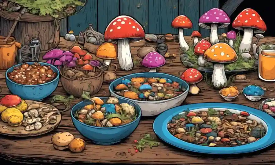 Setas de colores diversos en una mesa de madera rústica con platos gourmet que rodean.