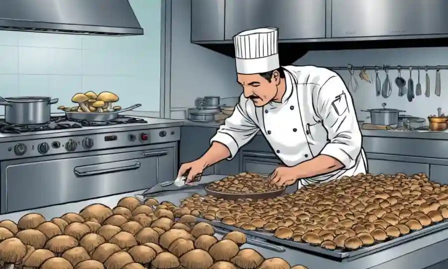 Un chef cuidadosamente preparando setas exóticas en una cocina profesional.