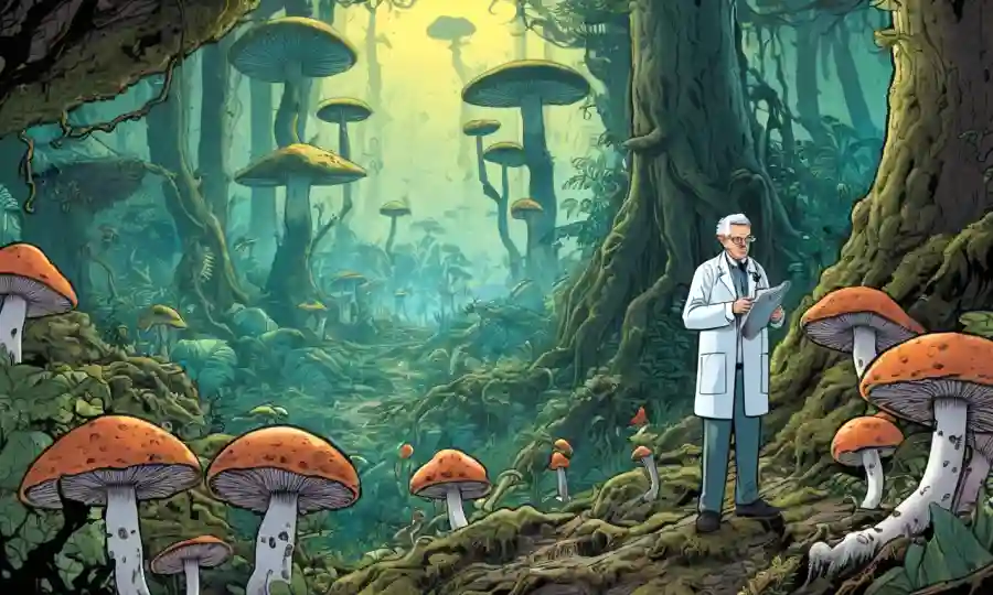 Un científico observando el crecimiento de hongos en un paisaje forestal místico ricamente detallado.