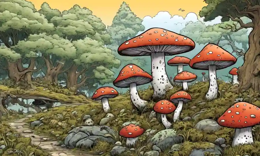 Setas y árboles combinados en un paisaje terrenal mostrando diversidad de líquenes.