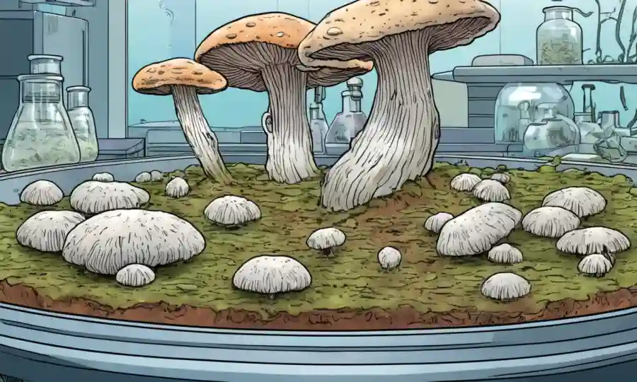 Mushroom mycelium creciendo y adaptándose en un laboratorio de platos petri.