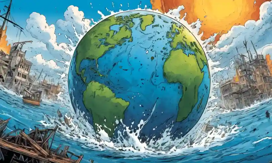 Un globo o Tierra rodeado de destrucción relacionada con el clima, con agua caótica y elementos climáticos.