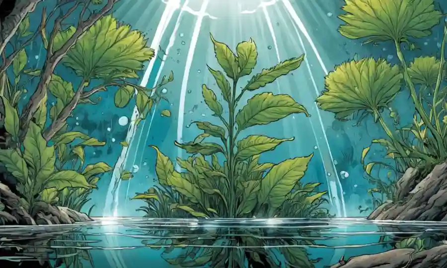 Ilustración mostrando especies vegetales adaptándose a fenómenos naturales como la luz y el agua.