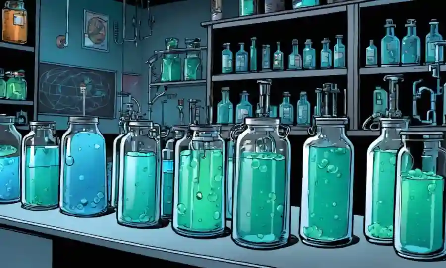 Glowing flasks and equipment in a lab setting for fermentation process.