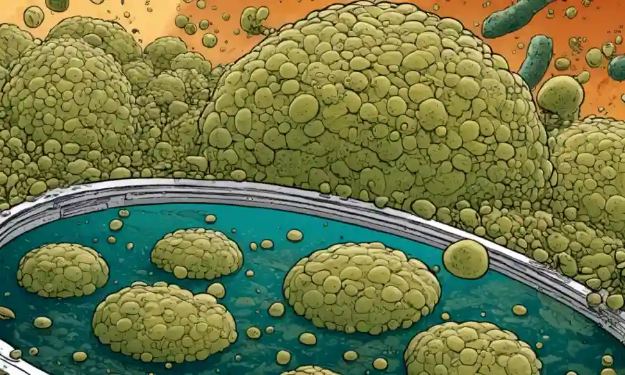 Organismos microscópicos como levadura o bacterias en un tanque de fermentación.