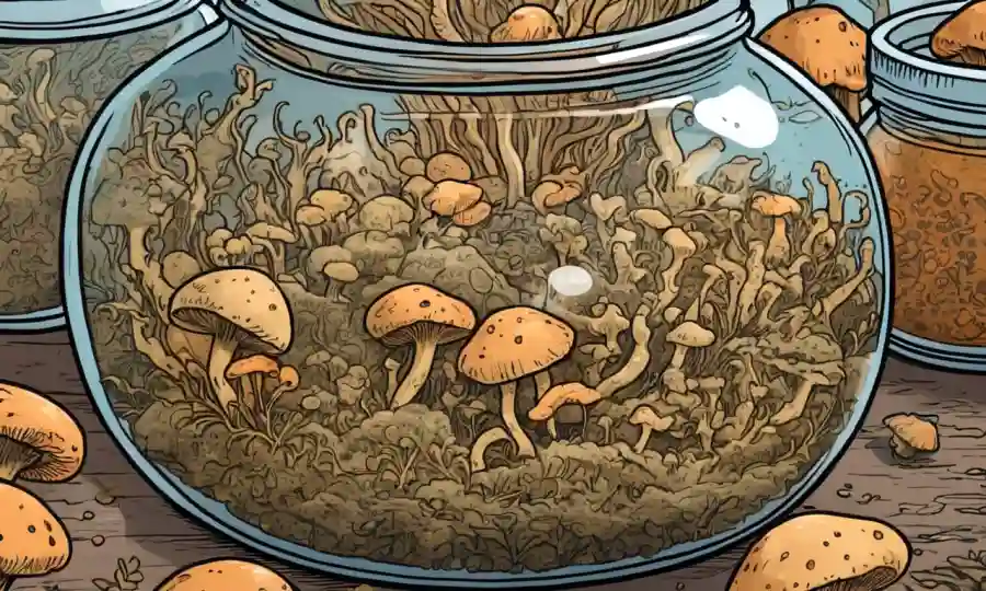 Cierre de hongos fermentando en un frasco, destacando posibles beneficios para la salud.