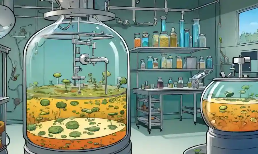 Cultivos de hongos y equipos de fermentación en un laboratorio.