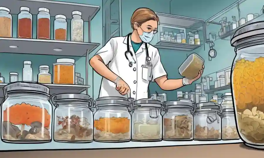 Productos de fermentación de hongos que se utilizan en un entorno de salud con gráficos y profesionales médicos.