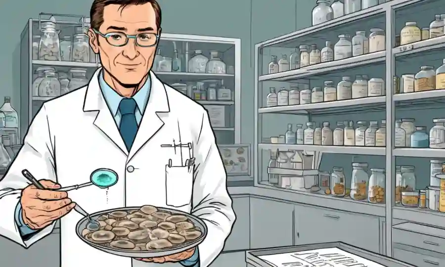 Científico en la capa de laboratorio que sostiene un plato de petri con hongos y notas en el proceso de fermentación.