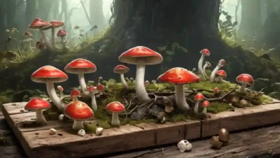 Setas creciendo en una tabla de madera