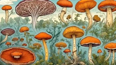 Imágenes microscópicas de hongos y diagramas que ilustran procesos de fermentación.
