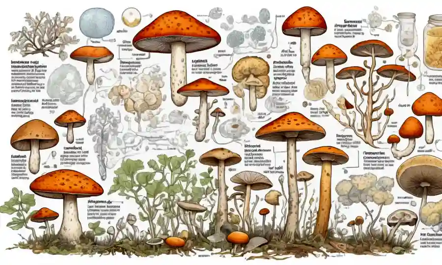 Proceso de fermentación de hongos visuales e ilustraciones, rodeado de fórmulas y diagramas científicos.
