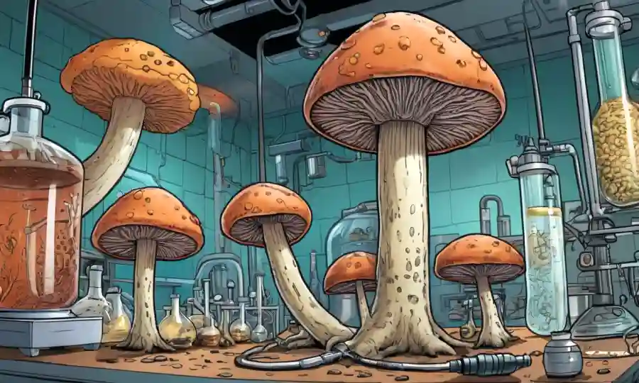 Ilustraciones científicas de hongos y procesos de fermentación con fondo de laboratorio.