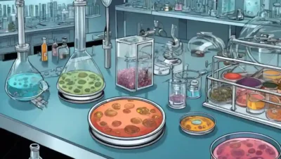 Equipo científico y cultivos de hongos en platos petri sobre mesa de laboratorio.